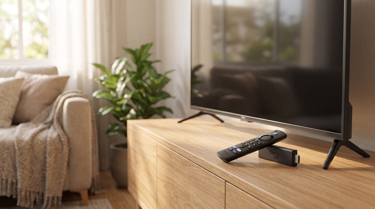 Fire TV Stick HD 2026 preto da Amazon com controle remoto por voz com Alexa, conectado à TV