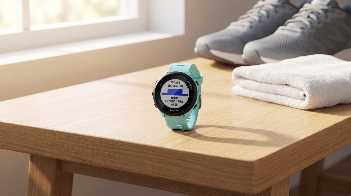 Relógio Garmin Forerunner 55 na cor aqua, com caixa redonda de 42 mm e pulseira de silicone, apoiado numa bancada clara ao lado de um par de tênis de corrida