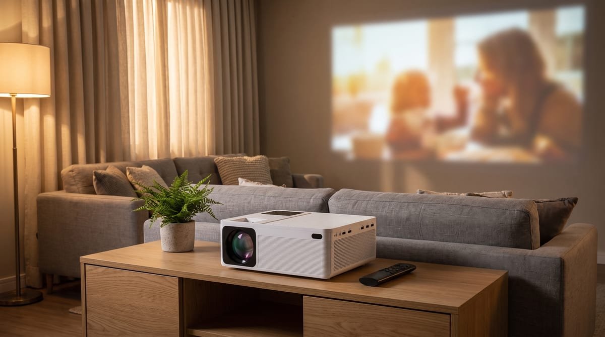 Projetor Intelbras PFL5211 branco sobre um rack de madeira clara em uma sala de estar com cortinas fechadas, projetando uma imagem grande e nítida na parede clara ao fundo, com sofá cinza e luz ambiente baixa