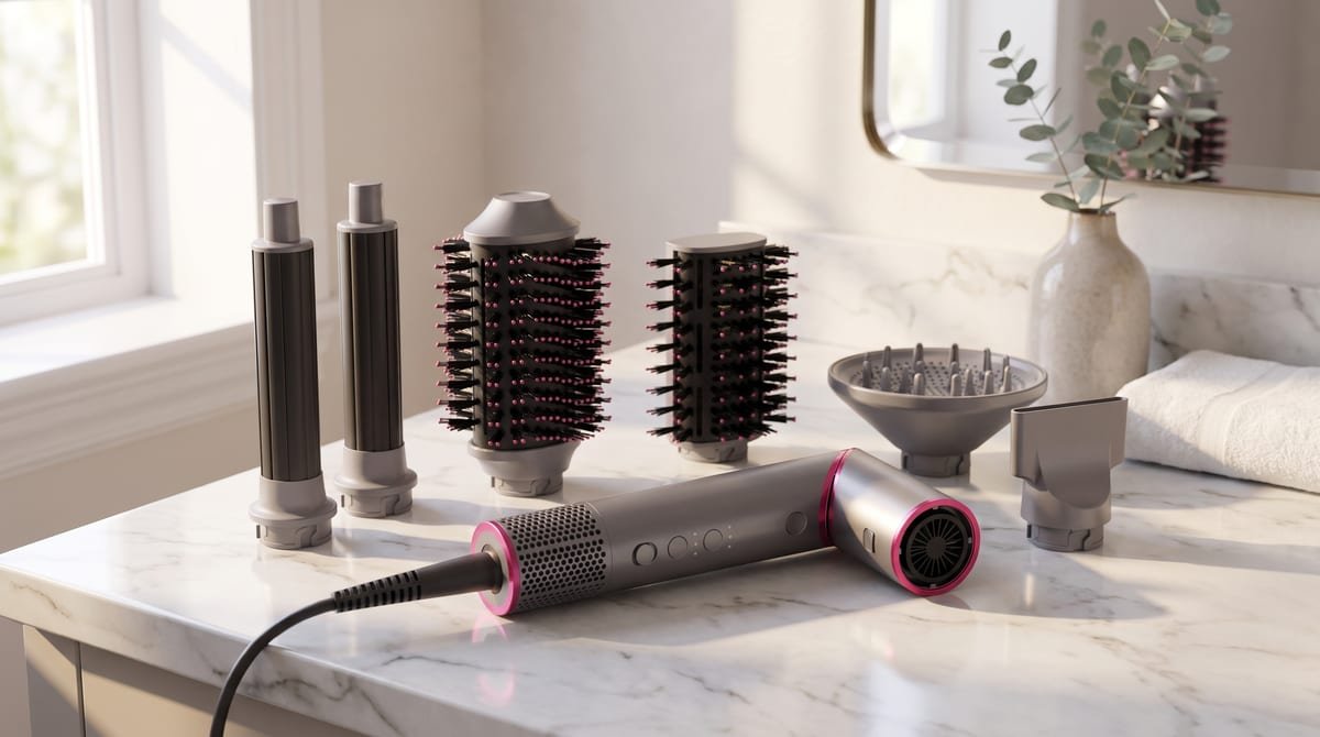 Secador de cabelo Philco PSD16A cinza e rosa com motor BLDC de 1450 W e os seis acessórios de modelagem