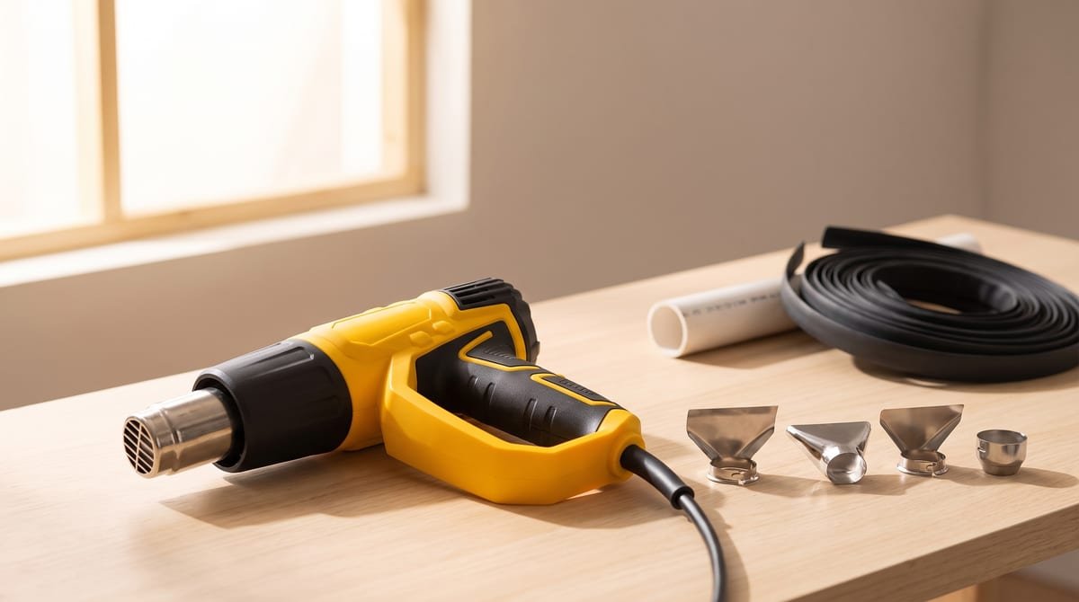 Soprador térmico Vonder STV 200 amarelo e preto sobre uma bancada de madeira em oficina bem iluminada, com os quatro bicos metálicos ao lado e um tubo de PVC ao fundo