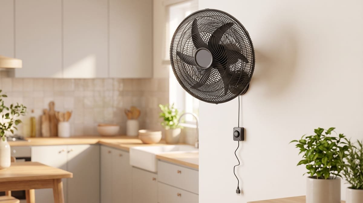 Ventilador de parede Ventisol Monta Fácil 50 cm preto com 6 pás instalado na parede de um ambiente claro